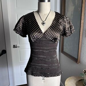 Vintage Inc brown with cream white polka dots blouse shirt top Size 4
